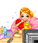 pixel girl eating popcorn sitting in front of a tv